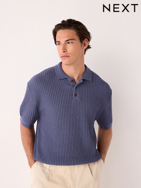 Blue Regular Fit Cotton Rich Short Sleeve Knit Bouclé Polo Shirt (AW5933) | 1,262 UAH