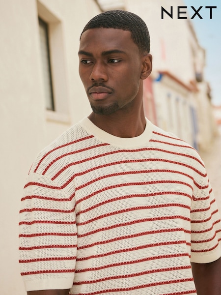 Ecru White/Red Relaxed Fit Short Sleeve Stripe Knitted Crew T-Shirt (AW5935) | AED140