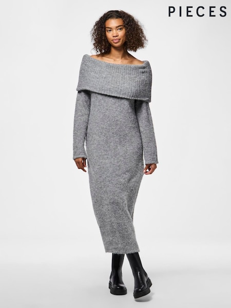 PIECES Grey Off Shoulder Bardot Soft Knitted Midi Dress (AW5938) | €30