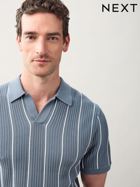 Blue Regular Fit Short Sleeve Stripe Knit Trophy Polo Shirt (AW5940) | €36