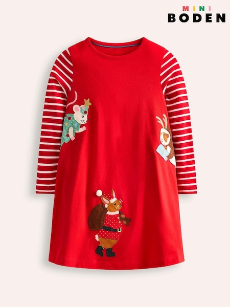 Boden Elsie Big Appliqué Christmas Festive Friends 100% Cotton Dress (AW5948) | 135 LEI - 163 LEI