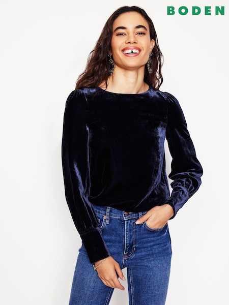 Boden Blue Button Back Velvet Top (AW5975) | 272 QAR