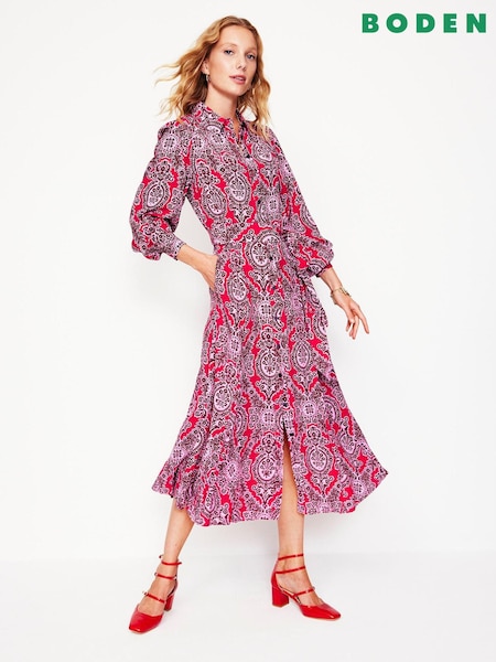 Boden Red Martha Godet Maxi Shirt Dress (AW6005) | 359 QAR