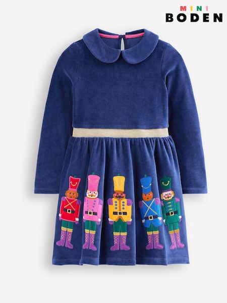 Boden Blue Festive Christmas Nutcracker Velour Appliqué Dress (AW6021) | AED183 - AED199