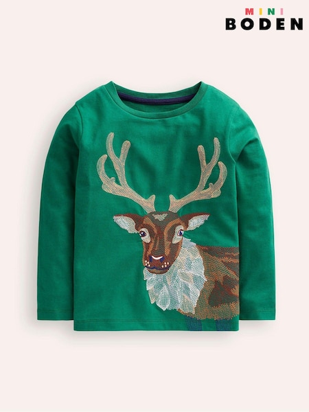 Boden Green Superstitch Christmas Reindeer 100% Cotton T-Shirt (AW6039) | $35 - $38