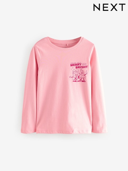 Pink - Christmas Long Sleeves Graphic 100% Cotton T-Shirt (3-16yrs) (AW6048) | 7 € - 12 €