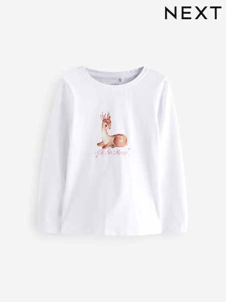 أبيض غزال الرنة - Christmas Long Sleeves Graphic 100% Cotton T-Shirt (3-16yrs) (AW6052) | ‏31 ر.ق. - ‏48 ر.ق.