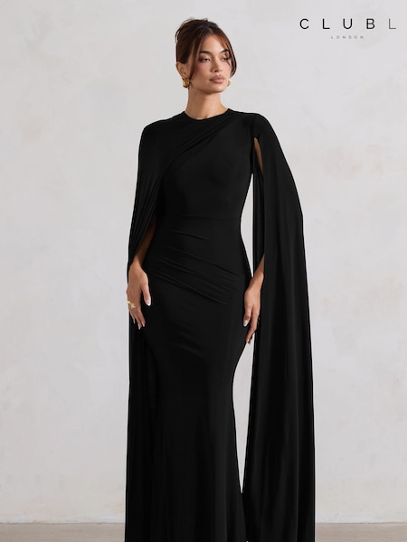 Club L London Black Magdelena Asymmetric Cape Maxi Dress (AW6068) | OMR46