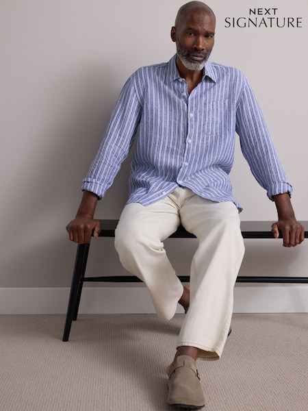 Blue Signature 100% Linen Stripe Long Sleeve Shirt (AW6074) | R$ 400