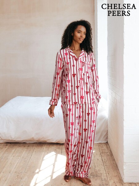 Chelsea Peers White Organic Cotton Christmas Ribbon Bow Print Long Pyjamas Set (AW6154) | AED224