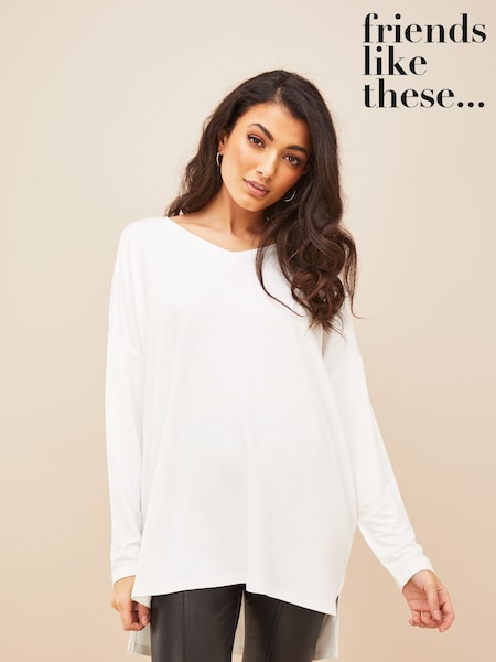 Friends Like These Ivory Soft Jersey V-Neck Long Sleeve Tunic Top (AW6197) | €31