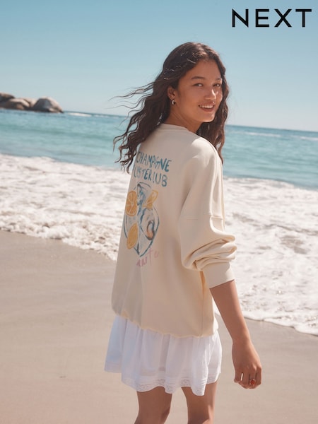 Ecru Oversized Champage and Oyster Club Fun Lemon Summer Longline Graphic Crewneck Sweatshirt (AW6428) | $43