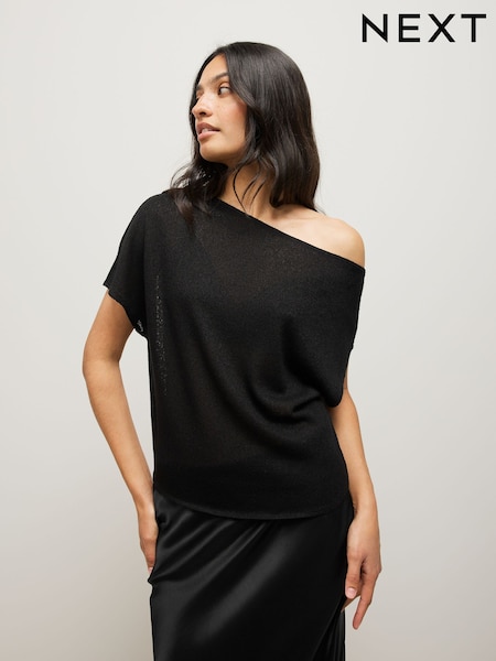 Black Draped Slash Neck Sheerknit Crochet Slouch Top (AW6433) | 919 UAH
