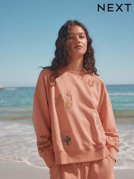 Coral/Salmon Pink Heavy All-Over Embroidery Summer Food and Cockatils Graphic Print Crew-Neck Sweatshirt (AW6443) | €41.50