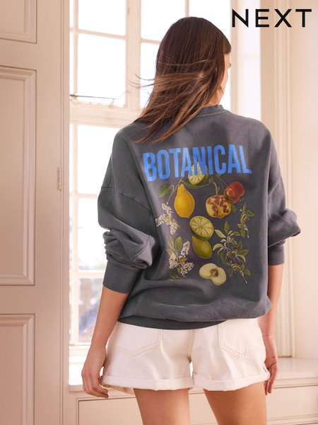 Charcoal Grey Kew Gardens X Next Vitamin Fruit Summer Graphic Relaxed Fit Crew-Neck Sweatshirt (AW6446) | R$ 315