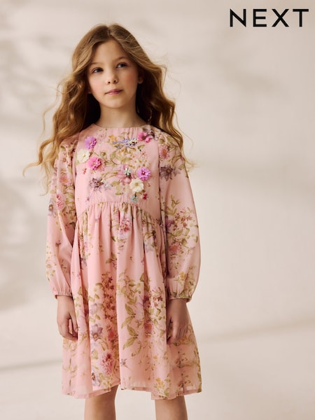 Pink Floral - Long Sleeve Embellished Dress (3-10yrs) (AW6523) | €44 - €53