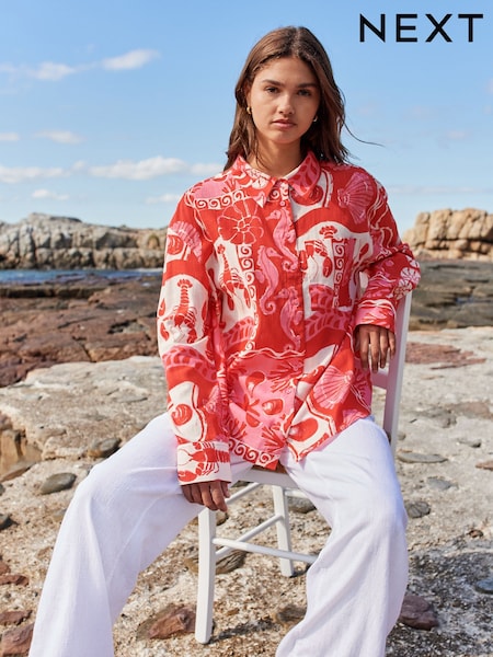 Red/Pink Lobster Print Long Sleeve Shirt With Linen (AW6566) | €34