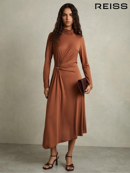 Reiss Camel Casey Petite Draped Jersey Midi Dress (AW6594) | €241