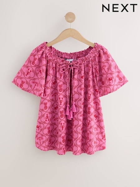 Pink/Red Lobster Print Short Sleeve Tie Neck Bardot Top (AW6637) | €33.50