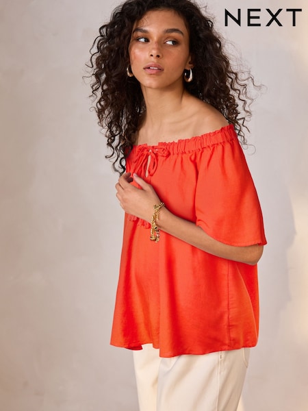Red Short Sleeve Tie Neck Bardot Top (AW6638) | R$ 220
