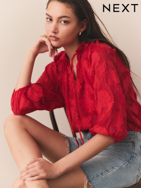 Red Jaquard Floral Bubblehem Blouse (AW6643) | €50.50