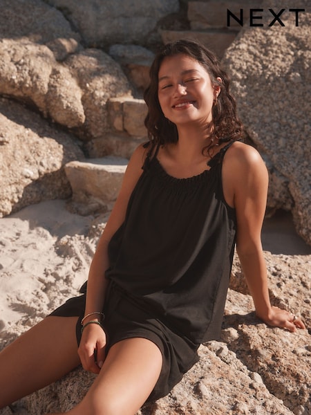 Black Tassel Strappy Cami With Linen (AW6684) | €28