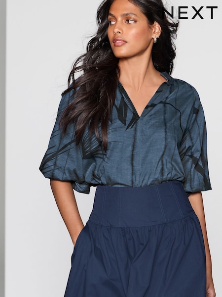 הדפס כחול - 100% Cotton Volume Sleeve V-Neck Blouse (AW6695) | ‏93‏₪