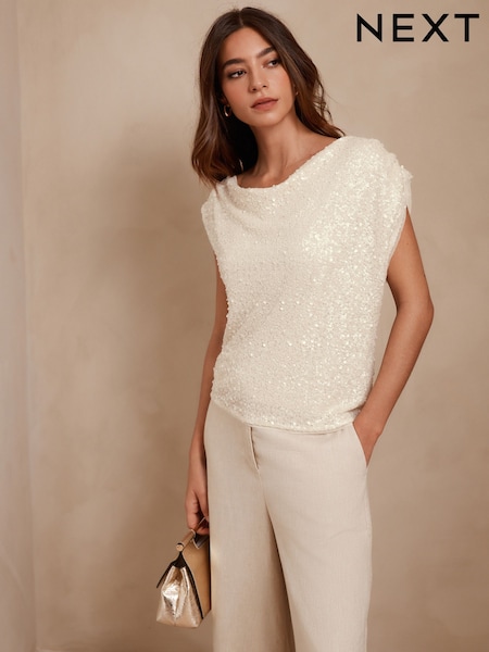 Ecru Drape Sleeveless Sequin Top (AW6698) | $65