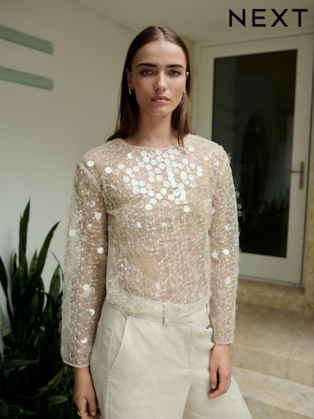 Ecru Sheer Sequin Long Sleeve Top (AW6699) | $74
