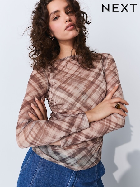 Neutral Check Long Sleeve Ruched Side Mesh Top (AW6701) | €30