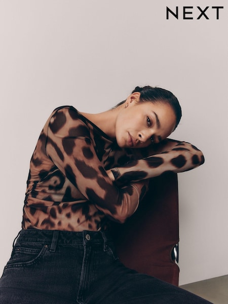 Leopard Printti; kuvio - Pitkä hiha Mesh Ruched Top (AW6712) | €33