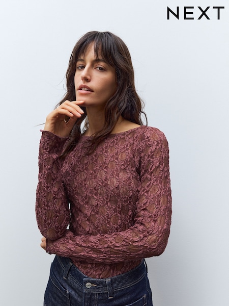 Rose Vaaleanpunainen - Tekstuuri Kukallinen Lace Pitkä hiha Top (AW6718) | €49