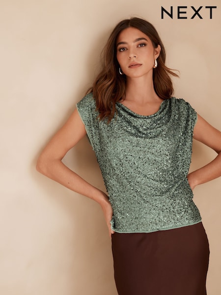 Green Drape Sleeveless Sequin Top (AW6719) | $65