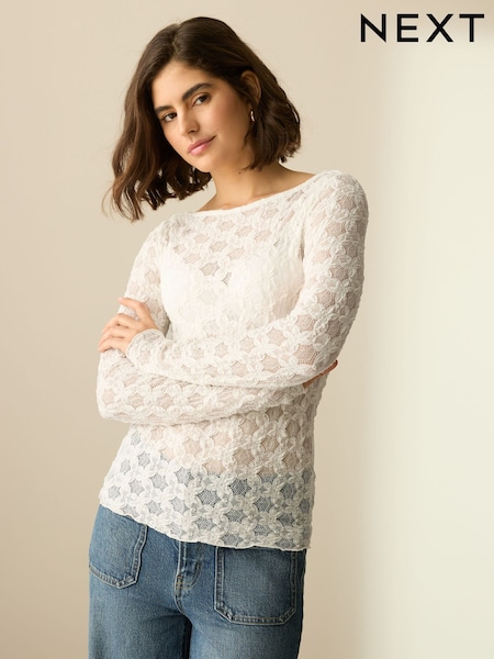 Ecru - Tekstuuri Kukallinen Lace Pitkä hiha Top (AW6725) | €49