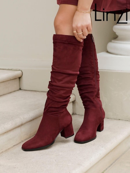 Linzi Red Margot Faux Suede Square Toe Block Heel Knee High Boots (AW6730) | €84