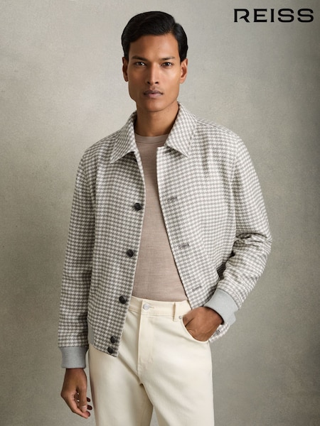 Reiss Soft Grey/White Benny Dogtooth-Check Blouson Jacket (AW6747) | €395