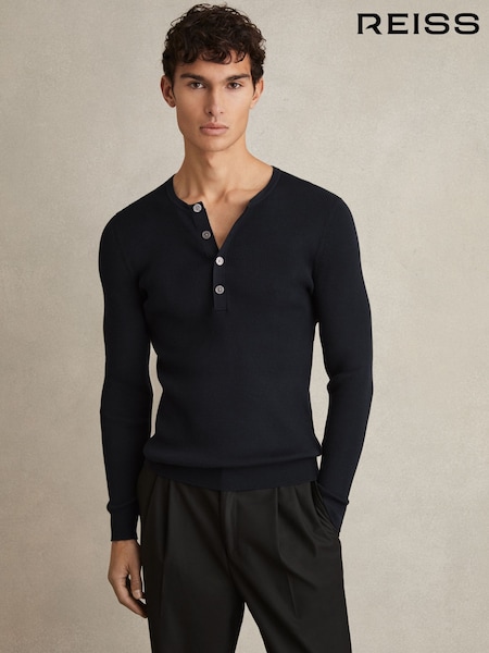 Reiss Navy Ashwell Rib Knit Henley Jumper (AW6749) | €189