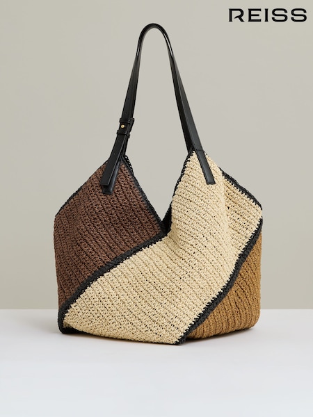 Reiss Tan Farrah Raffia Colour-Block Tote Bag (AW6753) | kr3 769