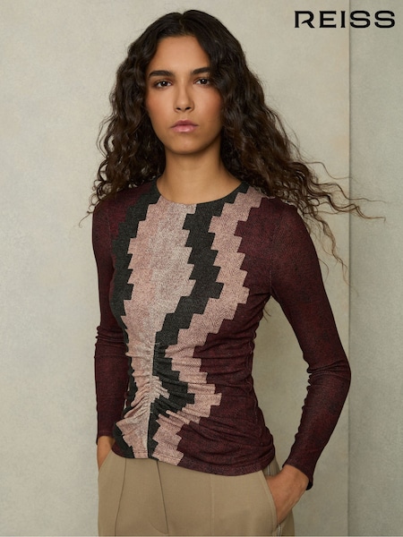 Reiss Burgundy Gianna Printed Ruched Top With Wool (AW6756) | €198