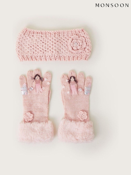 Monsoon Pink Flower Print Princess Winter Gloves and Knit Headband Set (AW6776) | €15.50 - €17.50