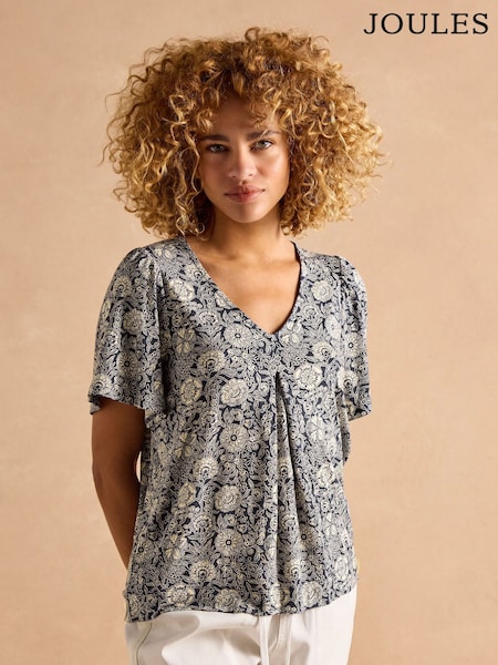 Joules Nia Navy Pleat Front Jersey Top (AW6823) | R$ 285