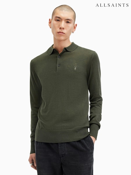 AllSaints Green Mode Merino Long Sleeve Polo Shirt (AW6955) | 470 QAR