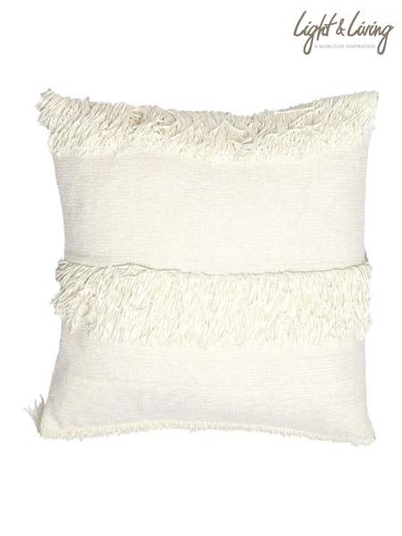Light & Living White 100% Cotton Luani Fringed Cushion (AW7036) | €68