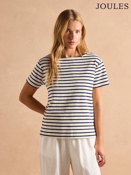 Joules Harbour Cream/Navy Short Sleeve Boat Neck Breton Top (AW7038) | R$ 255