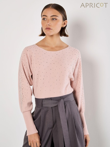 Apricot Pink Stud Neck Ribbed Batwing Jumper (AW7063) | €44