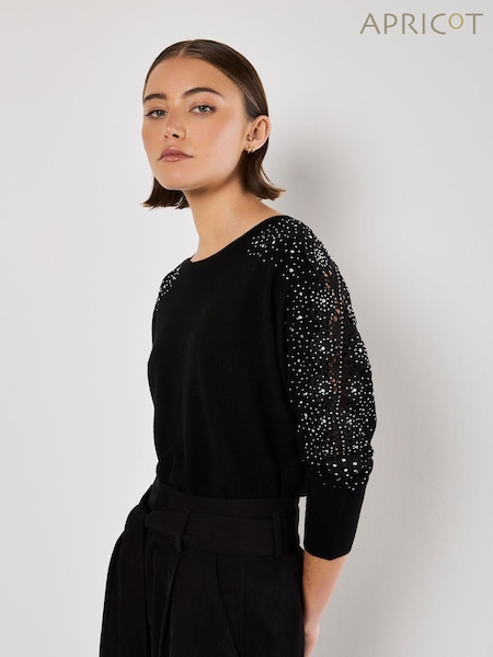 Apricot Black Lace and Stud Arm Batwing Jumper (AW7079) | €44