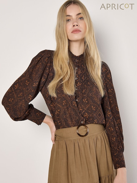 Apricot Brown Mosaic Lace Print Ruffle Blouse (AW7102) | €50