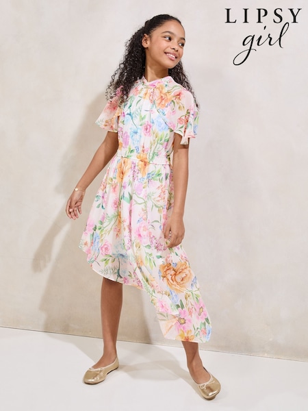 Lipsy Yellow Floral Asymetic Hem Occasion Dress (5-16yrs) (AW7123) | 193 QAR - 233 QAR