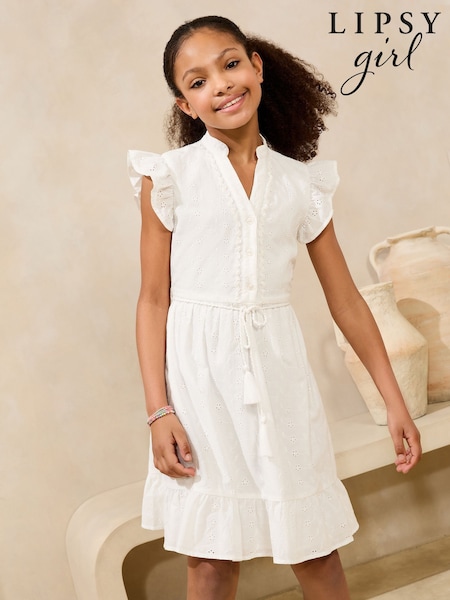 Lipsy White Broderie Shirt Holiday Dress (5-16yrs) (AW7137) | ₪146 - ₪186