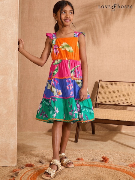 Love & Roses Pink Orange Blue Rainbow Block Midi Holiday Dress (5-16yrs) (AW7159) | €56 - €66